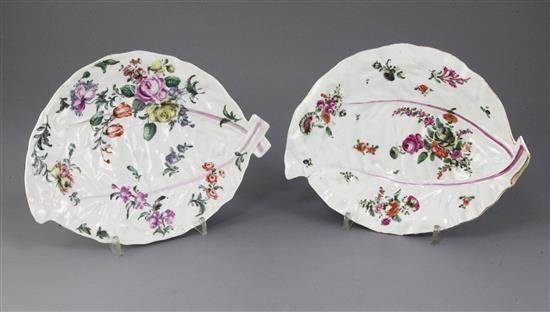 Two Worcester polychrome leaf-shaped dishes, c.1760, 26cm, chips to feet